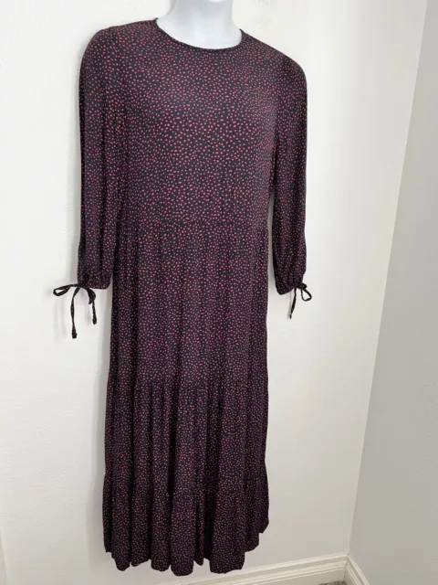 Free Assembly Tiered  Maxi Dress 3/4 Sleeve Size Large Boho Fall Navy Blue Dot