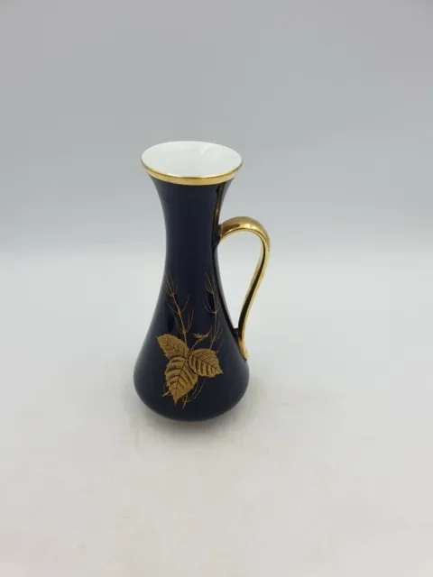 Kpm Royal Porzellan Bavaria Germany Handled Jug Vase Cobalt Blue Gold Leaf