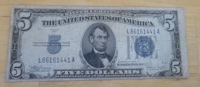 Vintage Silver Certificate $5 Note 1934 C Five Dollar Bill Vg  Offcut Blue Seal