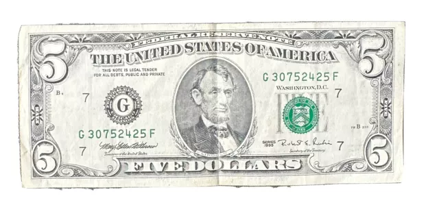 Us $5.00 Dollar Series 1995 Note With Low Serial Number
