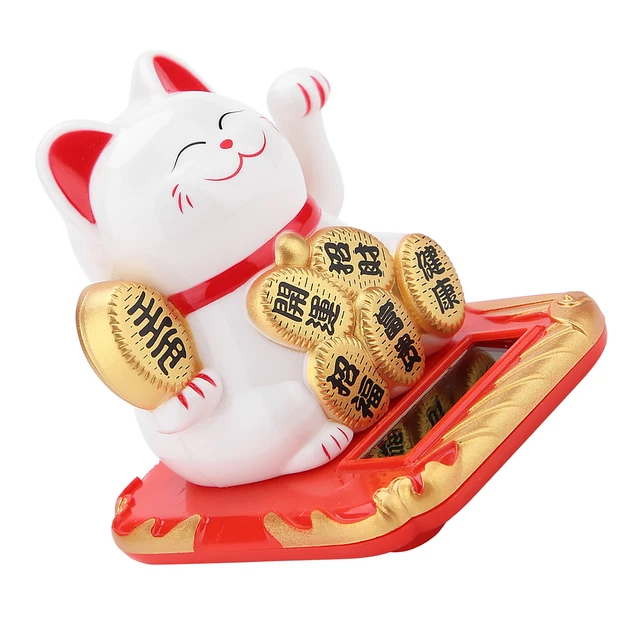 White Solar Powered Welcoming Cat Adorable Waving Beckoning Fortune Lucky