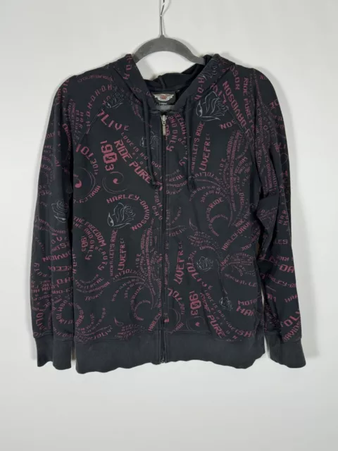 Harley-Davidson Sweatshirt Hoodie Womens XLarge Black Pink Full Zip Jacket