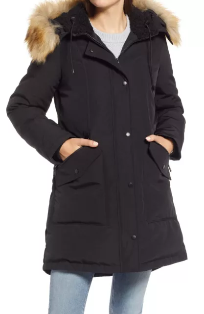 Sam Edelman Hooded Down & Feather Fill Parka with Faux Fur Trim Black Size M