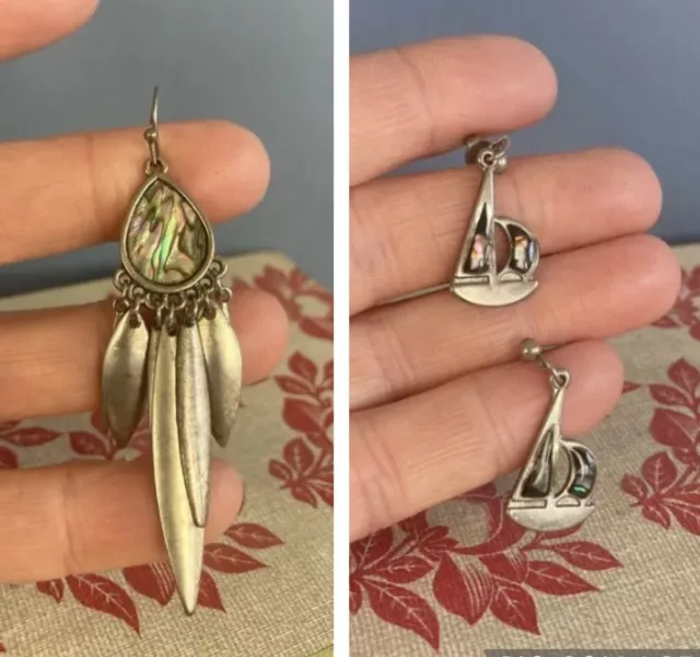 Vintage Dangle Earrings, Silver Tone, Abalone Shell, Ethnic Boho, 2 PAIRS