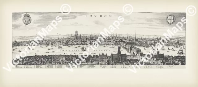 Fiume Tamigi Old London Bridge vista elisabettiana mappa Merian 1638 stampa poster arte