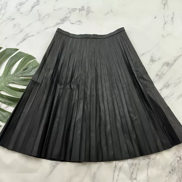 J.Crew Womens Faux Leather Pleated Skirt Size 10 Black Midi A-Line Vegan