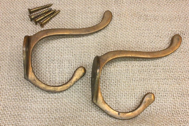 2 Old Coat Hooks School House Farm Tarnished Antique Brass Heart Base Rustic