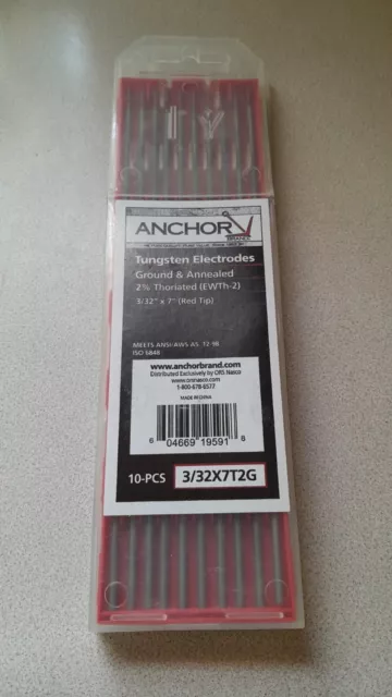 Anchor 2% Thoriated 3/32X7T2G Tungsten Electrodes Red   10 Pk