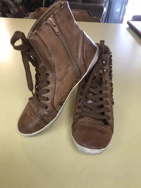 Forever 21 Brown Faux Leather Studded Tennis Shoes Booties Boots Sz 8 Lace Ups