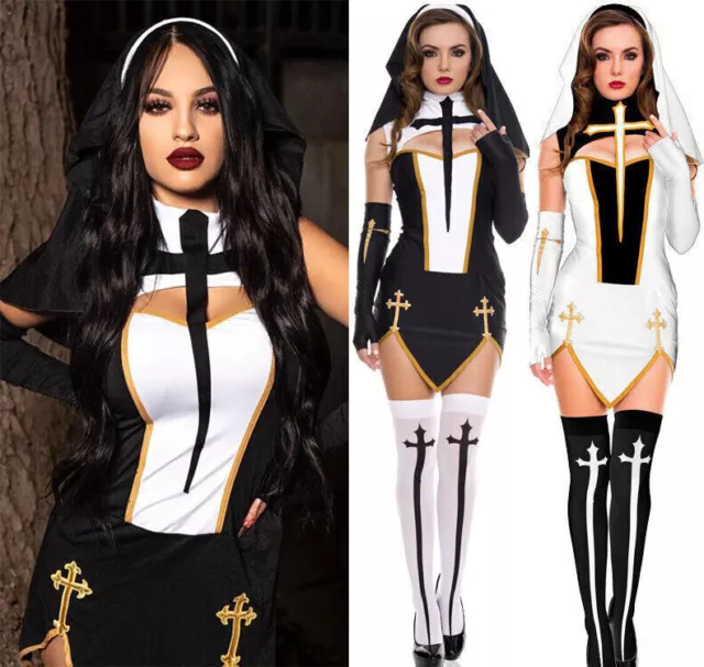 NEU Damen Sexy Freche Nonne Kostüm Damen Kostüm Halloween Party Cosplay Outfit