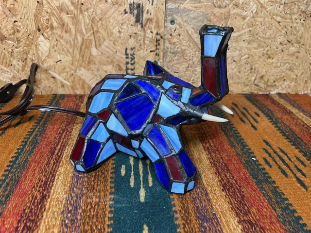 Vintage Elephant Table Lamp Tiffany Style Stained Glass Blue Desk Night Light