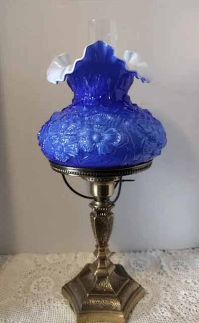 RARE FENTON - 1999 QVC FENTON Cobalt Blue Overlay  FLOWER Glass Student Lamp