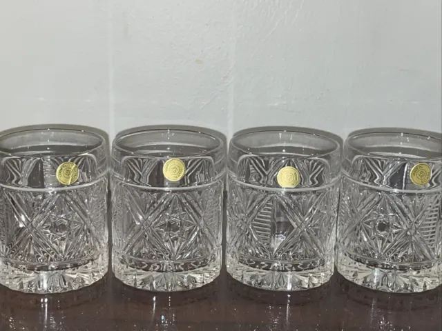 Oxford Crystalex 4 PC Bohemia 24% Cut Crystal Double Old Fashioned Glasses Star