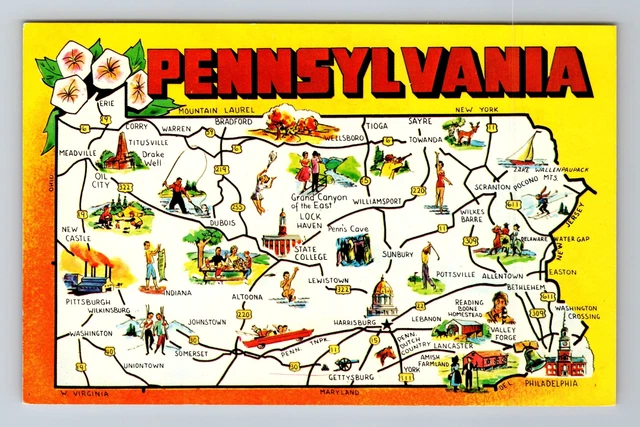 PA-Pennsylvania, Aerial Of Map, Landmarks, Antique, Vintage Postcard