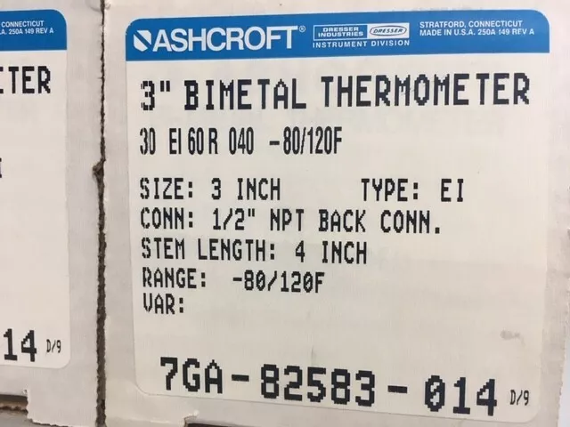 Thermomètre Bimetal Ashcroft 30Ei60R040 -80/120F * Neuf Dans Sa Boite * 