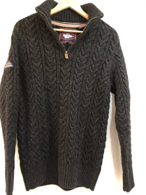 💕Mens Superdry Cable Knit Wool Jumper Black Charcoal Large💕