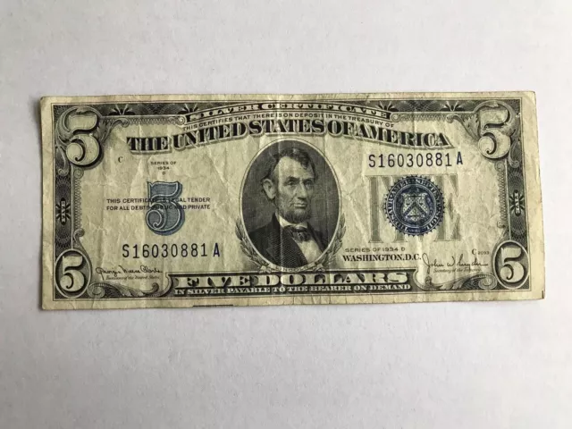 1934 D Well Circulated $5 Silver Certificate Note Blue Seal S16030881A
