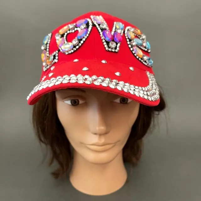 Women's Red Cap Hat Bling LOVE Rhinestones Colorful Stones