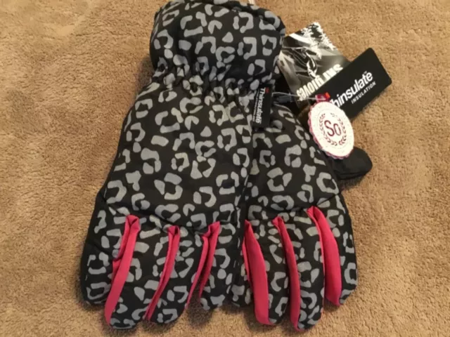 SO Girls M/L Leopard print ski gloves gray black pink with Thinsulate