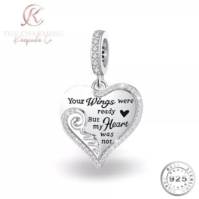 Angel Wing Heart Charm Genuine 925 Sterling Silver - Your wings were ready