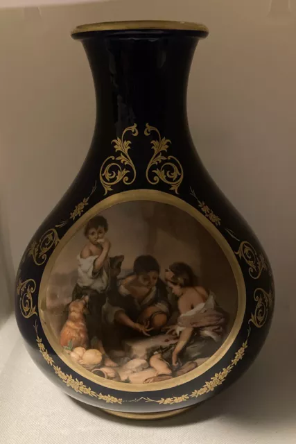 Vintage~Keramos~Capodimonte~Porcelain Vase~*Children Playing*~Large~Cobalt~Italy