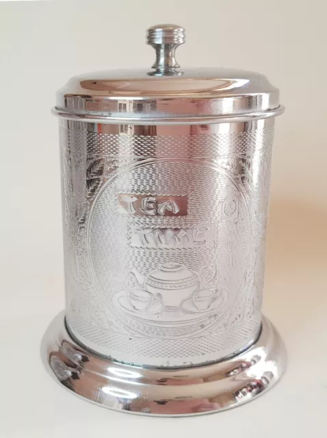 Vtg chrome tea caddy TEA TIME engine turned mid-century H4¾in (12cm)