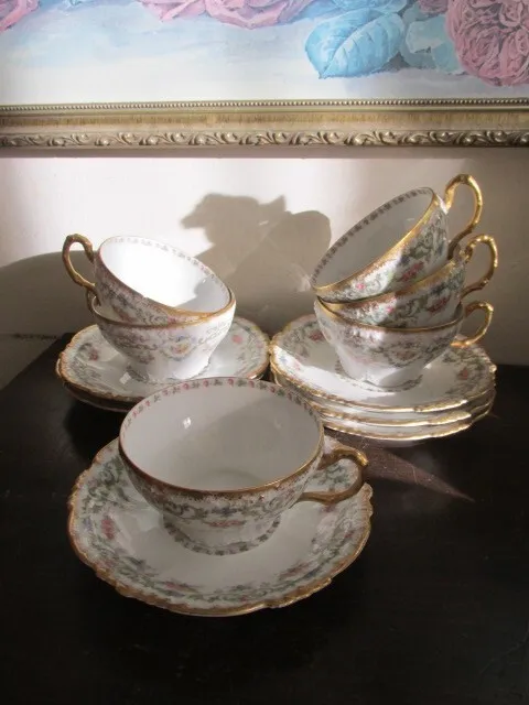 JPL Jean Pouyat Limoges France Hand Painted Set Of 6 Cup And Saucer Gold Roses