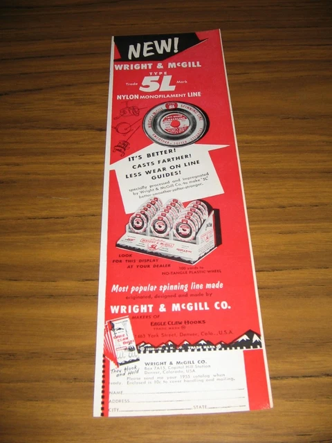 1955 Print Ad Wright & McGill Type 5L Nylon Fishing Line Denver,CO