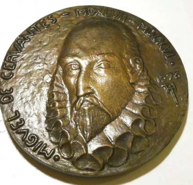 Rare large 100mm cast medal Spain Spanish CERVANTES Don Quixote Sancho Panza