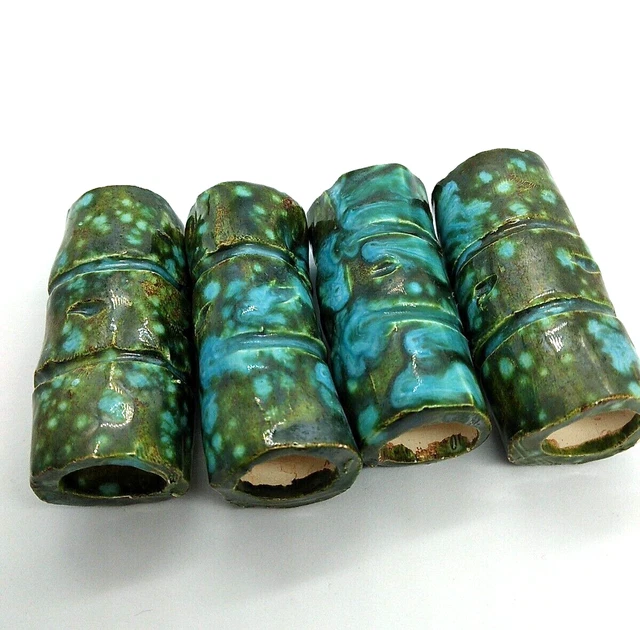 Vintage Macrame Beads Ceramic Hand Made Bead Speckled Blue and Green