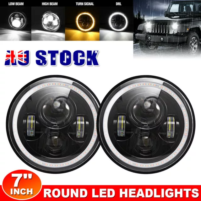 Pair 7 Inch LED Headlights DRL Hi/Lo Beam Turn Lights for Jeep Wrangler JK GQ