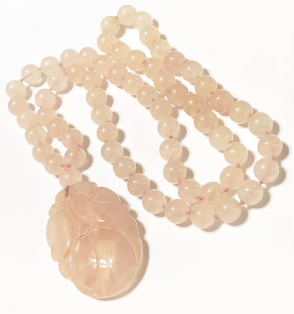 Vintage Chinese Export Rose Quartz Beaded Necklace Carved Lotus Flower Pendant