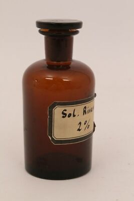 Apotheker Flasche Medizin Glas braun Sol. Rivanoli 2 % antik Deckelflasche 2
