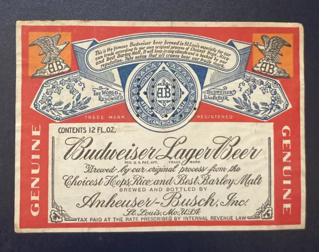 Vintage Antique BUDWEISER LAGER BEER Bottle Label Anheuser Busch￼ W/ Perfin H1: