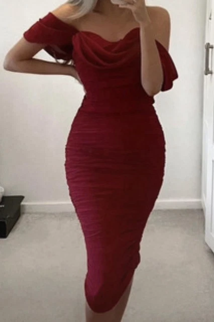 carlotta wine ruched draped chiffon dress BN HOUSE OF CB Carlotta dress grey silver ruched bodycon dress RRP 139 size XS 73.45