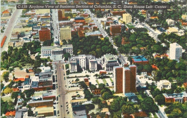 Columbia South Carolina~Airplane View Business Section~State House~1930s Linen