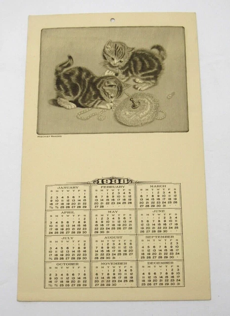 Cute Kittens 1938 Calendar "Mischief Makers" Antique BEAUTIFUL COND Cats 4.7x7.7