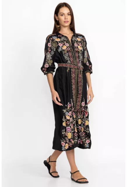 NWT JOHNNY WAS Fairlie Black Floral Embroidered Midi Dress Belted XS ...