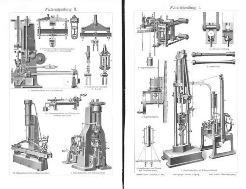 Materialprüfung I+II , Industrie Technik Holzstich um 1900