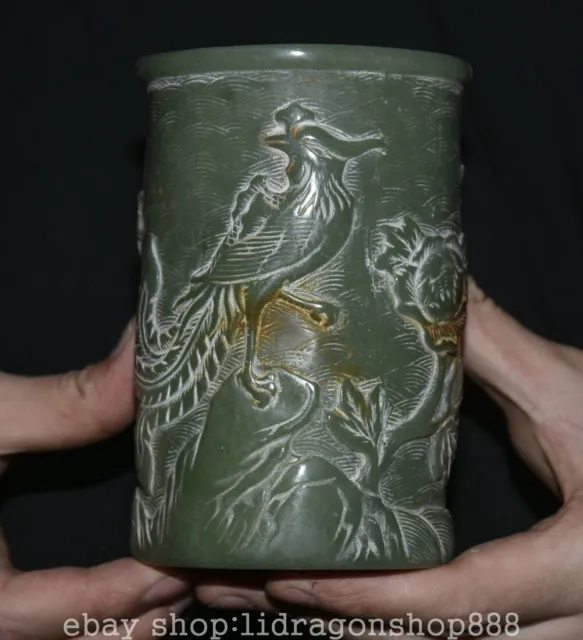 6.6" Old Chinese Green Jade Carved Dynasty flower bird Brush Pot Pencil Vase