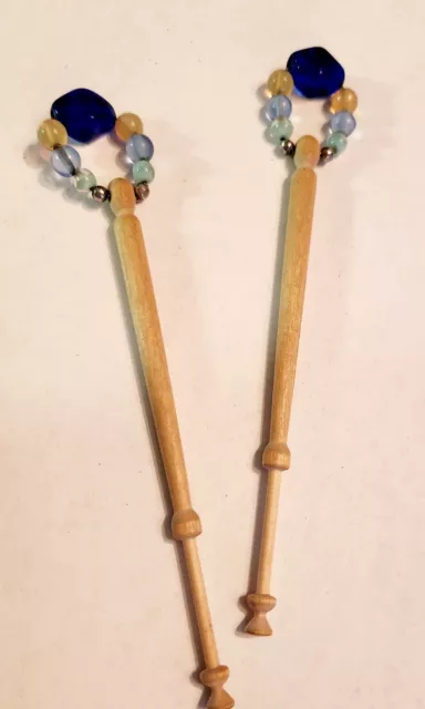 Set of 2 Carved Wood Spangled Lace Bobbins with Glass Beads