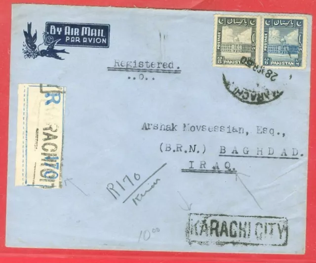 Pakistan 8as + 6as Right Crescent on Karachi Registered cover BAGHDAD Iraq 1950