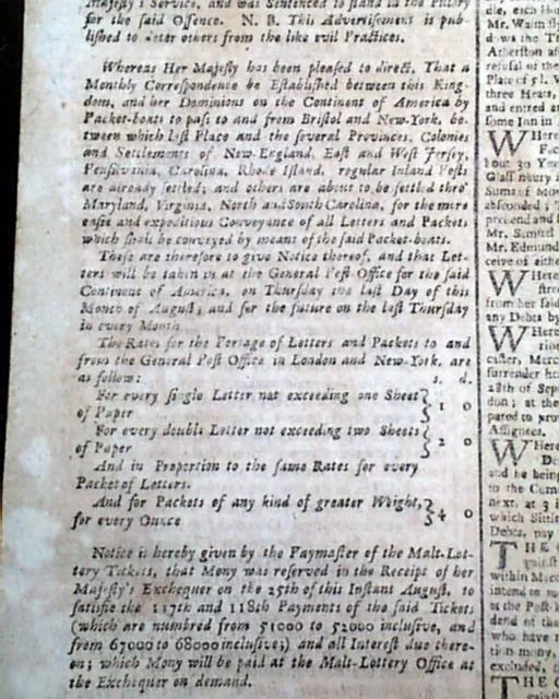 Post Offices Est. in American Colonies by Queen Anne of England 1710 Newspaper