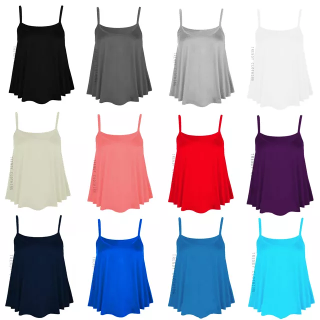 New Womens Ladies Cami Sleeveless Swing Vest Top Strappy Plain Flared Plus Size