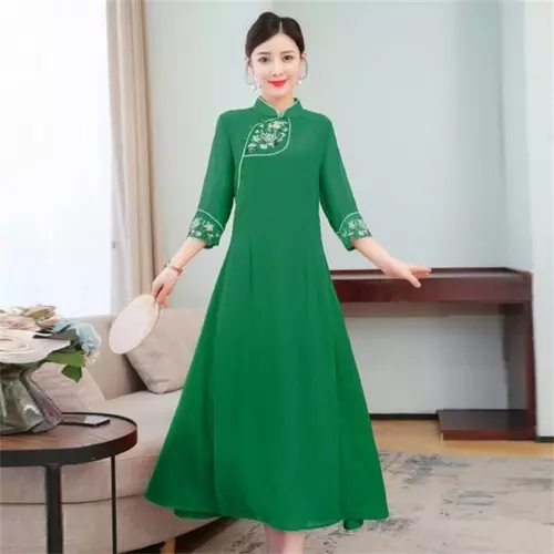 Summer Chinese Style Aodai Cheongsam Zen Tea  Retro Dress Stand Collar Elegant 2