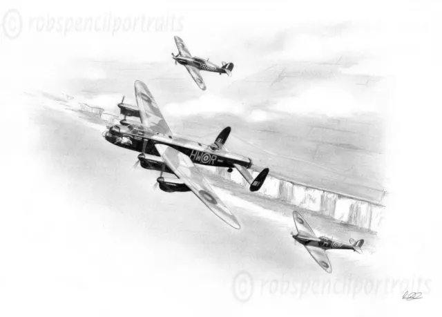 BATTLE OF BRITAIN Memorial Flight Lancaster Spitfire Hurricane Drawing Print