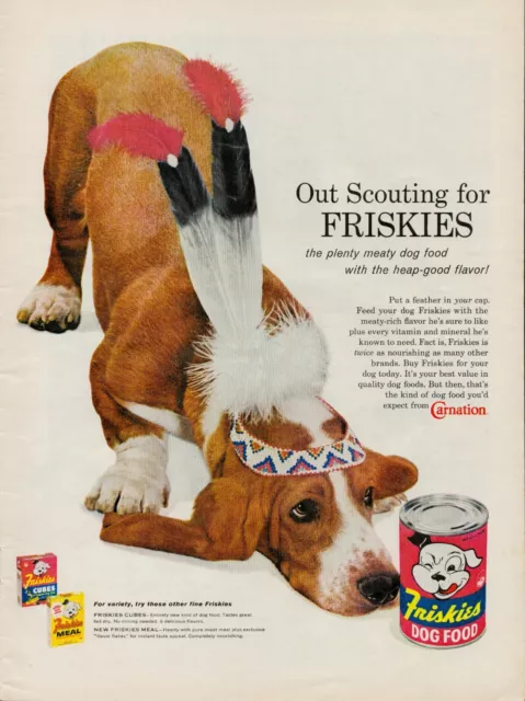 1960 Pet Dog Food Friskies 60s Vintage Print Ad Indian Head Dress Feather Cap