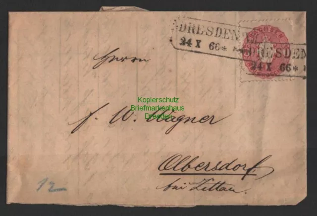 B14347 Sachsen 16 Dresden 1866 Briefteil mit Inhalt nach Olbersdorf bei Zittau