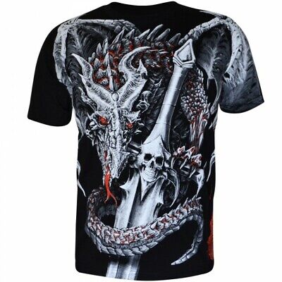 Mens T-shirt Black Short Sleeve Skull Death Fantasy Dragon Sword Wild