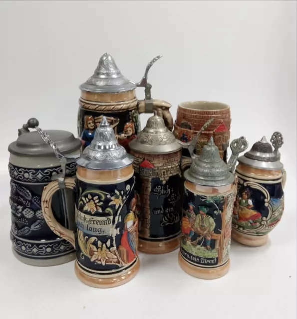 7x Vintage German Style Ceramic Beer Stein/Tankard (Varied Sizes) - Used Cond